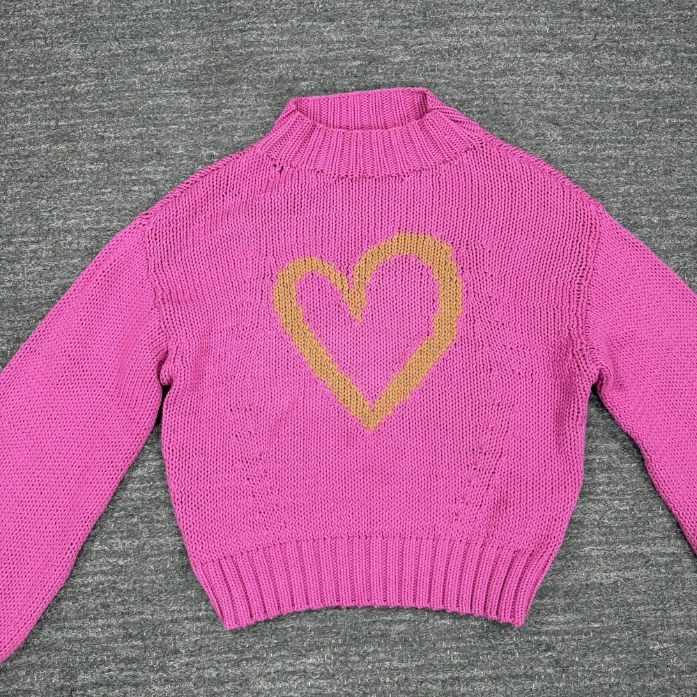 Anthropologie Maeve Pippa Mock Neck Heart Sweater Small Bubble Sleeve Pink Love